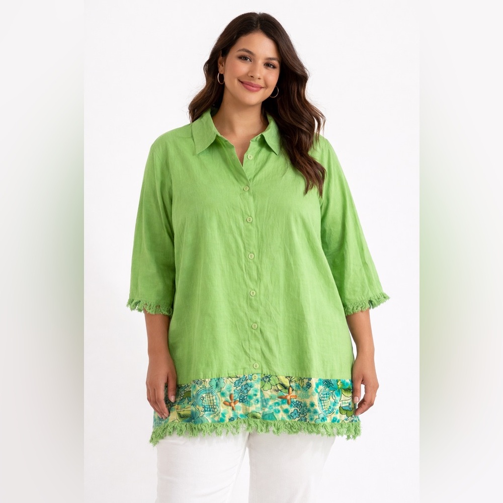 Junonia Linen Blend Tunic Top Women’s Plus Size 1X Green Embellished Fringe Hem